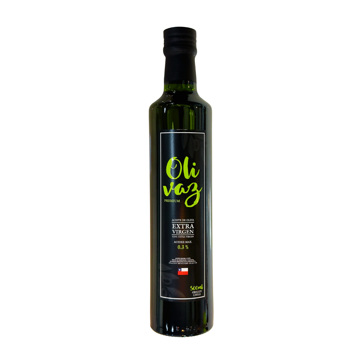 Aceite de oliva Olivaz de 500 ml en botella de vidrio, producido por Fullerton, con etiqueta y tapón en la imagen.