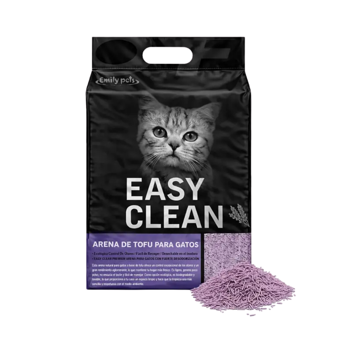 Arena Easy Clean Tofu de 2kg de Fullerton, arena para gatos de fácil limpieza y control de olores, en envase compacto.