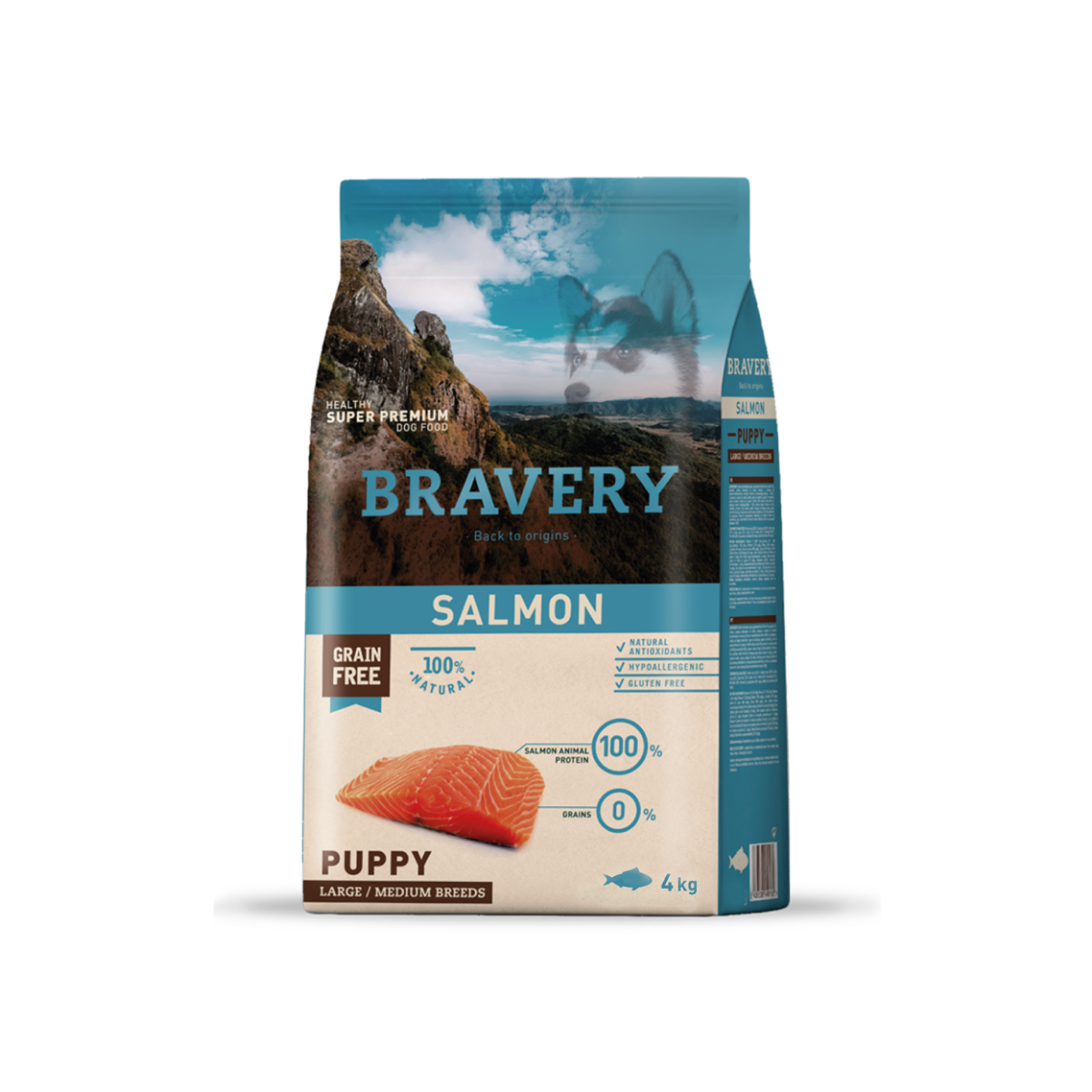 Alimento seco Bravery Salmon para perros cachorros de razas medianas y grandes, 4 kg, con salmón y ingredientes nutritivos