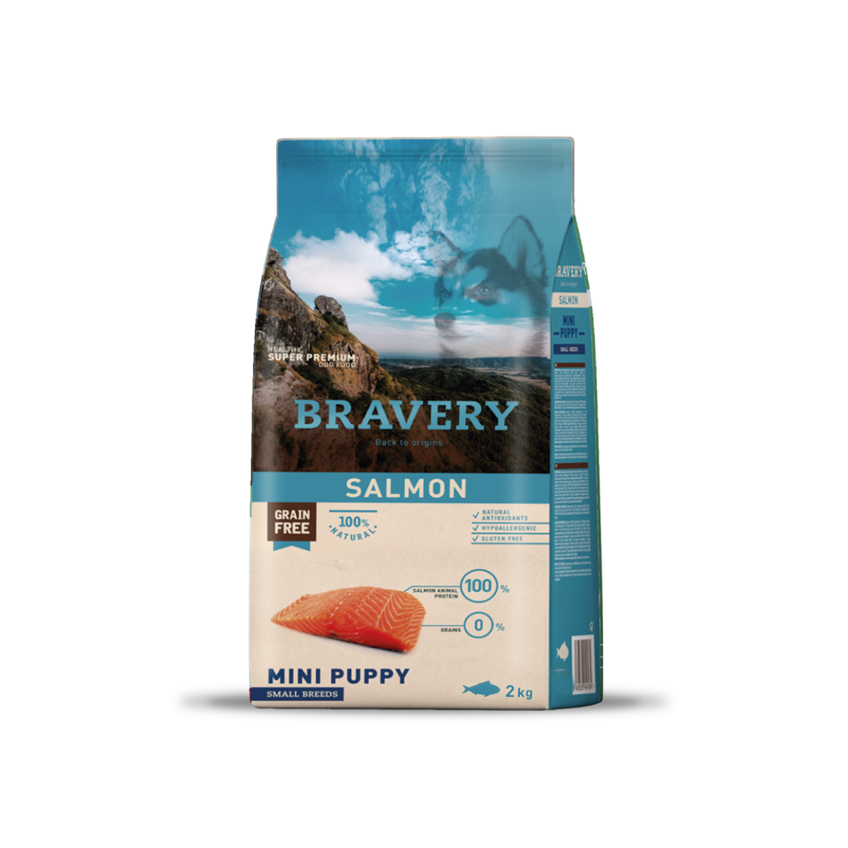 Alimento seco Bravery Salmon para perros cachorros de razas mini y pequeñas, visible en el envase de 2 kg.