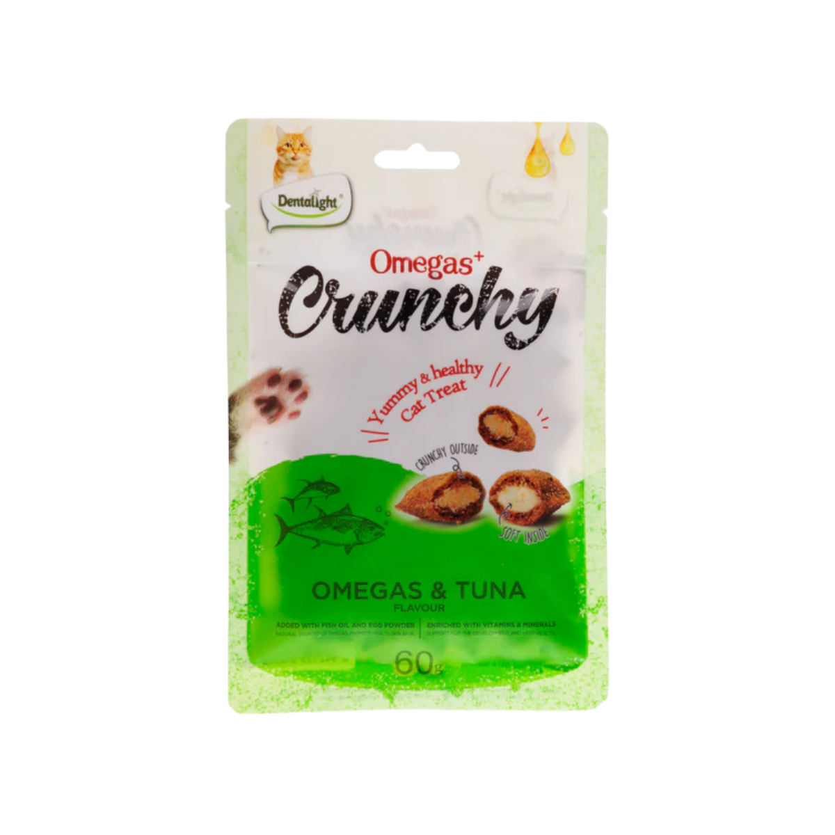 Snack Dentalight Crunchy Omega+ de atún, con textura crujiente y saludable para una alimentación equilibrada.