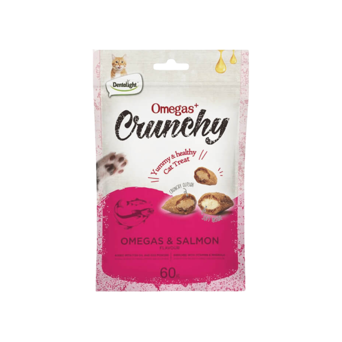 Snack Dentalight Crunchy Omega+ con salmón en forma crujiente, ideal para una alimentación saludable y nutritiva.
