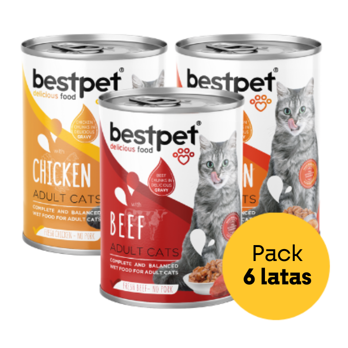 Seis latas de alimento húmedo para gato Best Pet de la marca Fullerton, en paquete de seis latas.